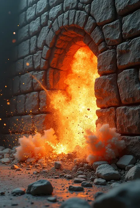 Stone wall explosion High resolution, Very detailed, depth of field, 