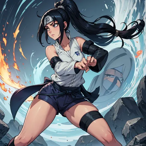 Hinata Hyuga, character from Naruto, is a young woman with long, straight, dark blue-black hair, usually tied up in a high ponytail. Her eyes are pearl-white, characteristic of the Byakugan. Her typical outfit includes a sleeveless, light beige or gray ves...