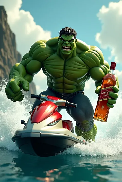 Create an image with Hulk riding a Jet Ski and holding a bottle of Johnnie Walker Red Label 1 liter Whiskey in 3D