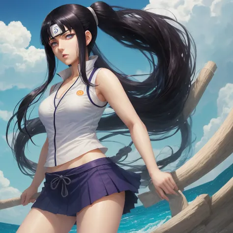 Hinata Hyuga, character from Naruto, is a young woman with long, straight, dark blue-black hair, usually tied up in a high ponytail. Her eyes are pearl-white, characteristic of the Byakugan. Her typical outfit includes a sleeveless, light beige or gray ves...