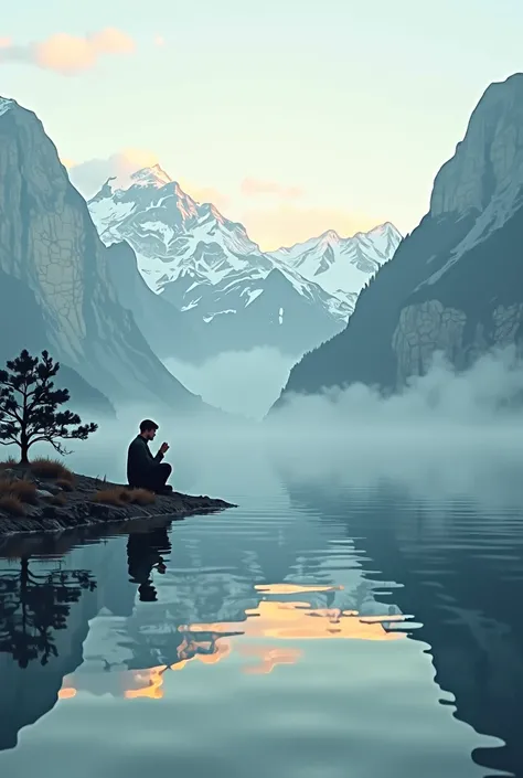 {a person praying at the edge of a tranquil lake, reflection in the water, mountains in the background, soft early morning light, calm and peaceful atmosphere} 
Image Type: Photorealistic 
Art Style: naturalism, detailed landscape realism 
Lighting: soft d...