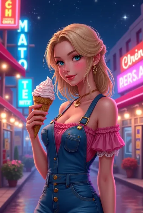 lady, 1, medium chest, wide hips, parted lip, blush, smile), 1girll, solo, TsukinoUsagi, blonde hair, loose, hair in one eye, medium breasts, blue eyes, long hair, ice cream, holding ice cream, urban style , (Action), Casual clothing, a Mexican dress at ni...