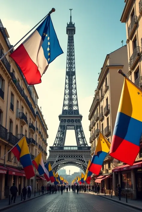 Image with flag of France and Venezuela with the Eiffel Tower in the middle and Paris background