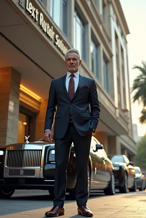 One man standing outside a 5 star hotel with a Rolls Royce car