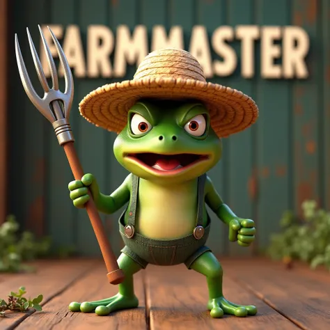 3D cartoon image of Pepe the frog, Pepe the frog, dressed as a farmer with a straw hat, Pepe the frog, a threatening posture with his pitchfork. In the background, it is written in large letters "FarmMasteR"