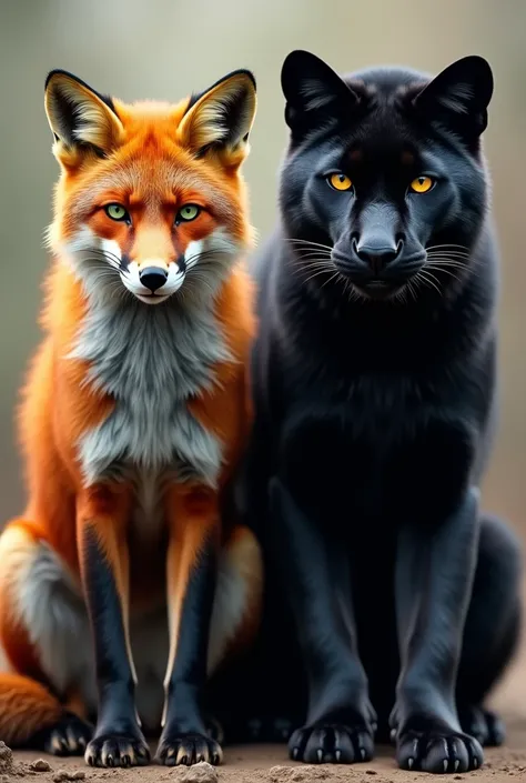 image with a red fox with green eyes, and a black panther side by side, both looking forward