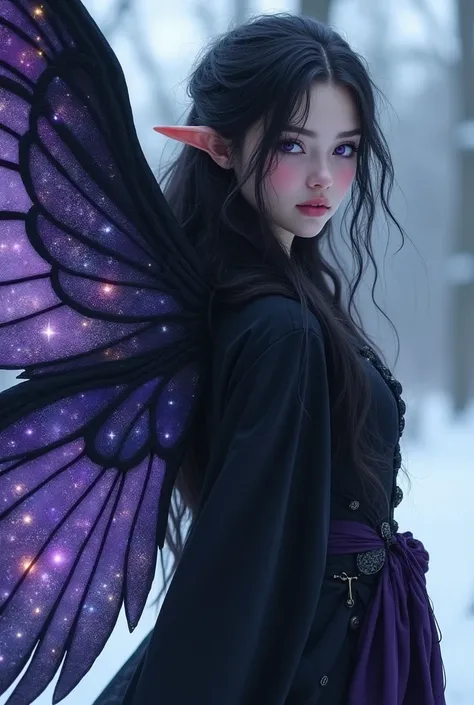 And a  girl with not very long black hair, with violet eyes, white skin with the appearance of a peasant from the cold north, she is a human witch, half fairy, a hybrid, she has an ethereal beauty, she also has eagle wings, they are black and purple, and t...