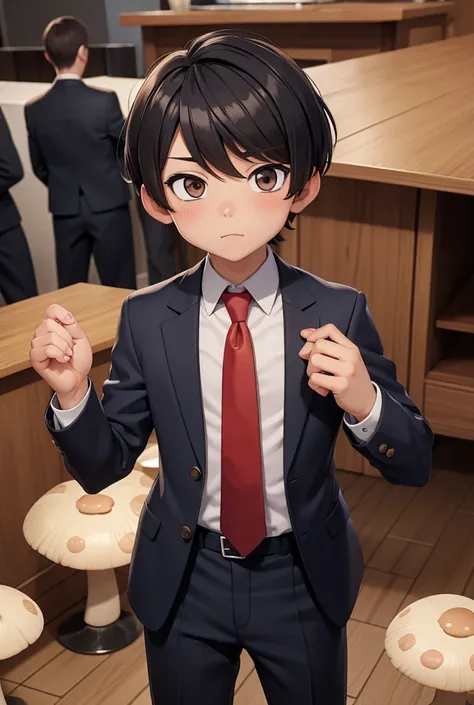 Kawaii boy with mushroom hair, suit with shirt and tie