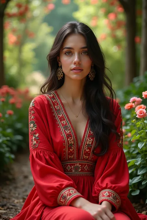 Palestinian woman sitting in the garden wearing a red folklore dress with a beautiful face 