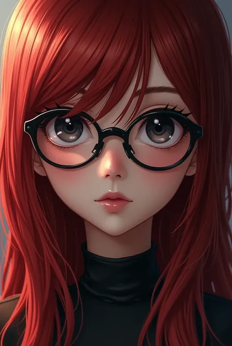 Girl with long red hair and black roots. 
Shes got a round face, big and black almond eyes with glasses.
Attack on titan style.
