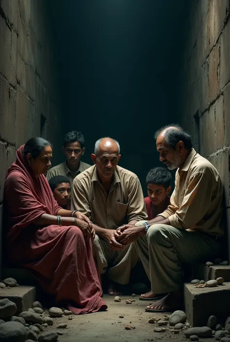 (photorealism:1.2), in a dark well 103 single indian family members sitting and discussing, in that family members 1 mother and 1 father and remaining are sons (boy) and sons age is around 24 ( background should be more darker and they cant escape from tha...