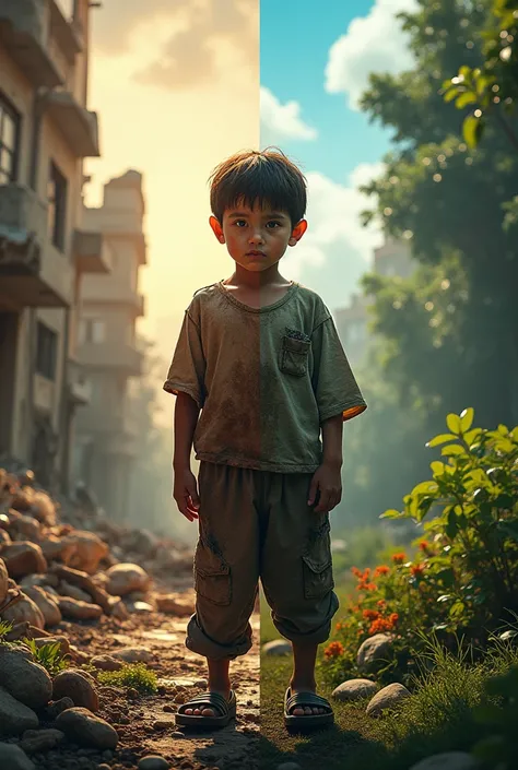 Make a poster divide into half..one side showing a boy in torn clothes with bombings and ruins..and thw other side showing the same boy with a good environment and food
