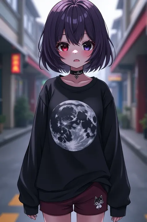 a teenage girl,She is 1,has short dark purple hair,She has heterochromia, one eye is wine-colored and the other is black.,She wears a black kitten sock too,wine-colored shorts and a black sweatshirt with a picture of a moon