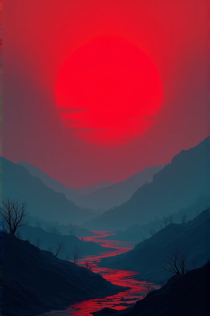 red sky landscape with blue and black