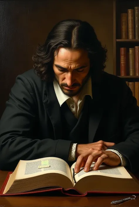 Philosopher Baruch Spinoza reading a book with a picture of a woman 