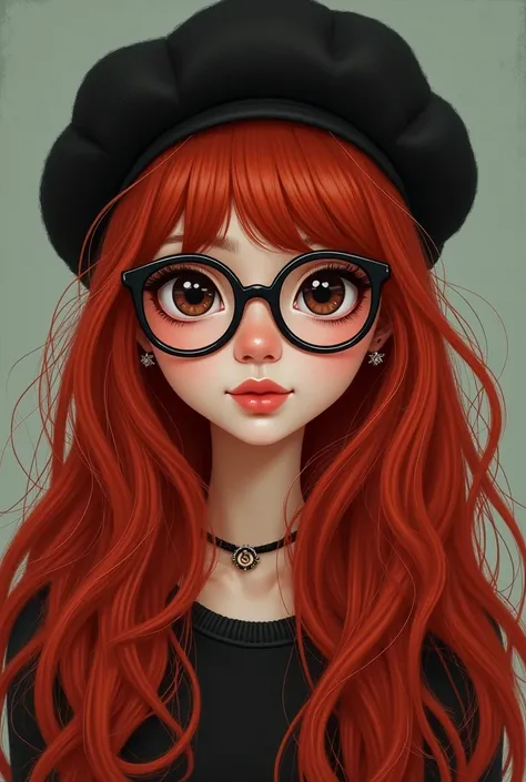 Girl with long red hair and black roots. 
Shes got a round face, big and black almond eyes with glasses. Shes wearing berret vintage style. 
