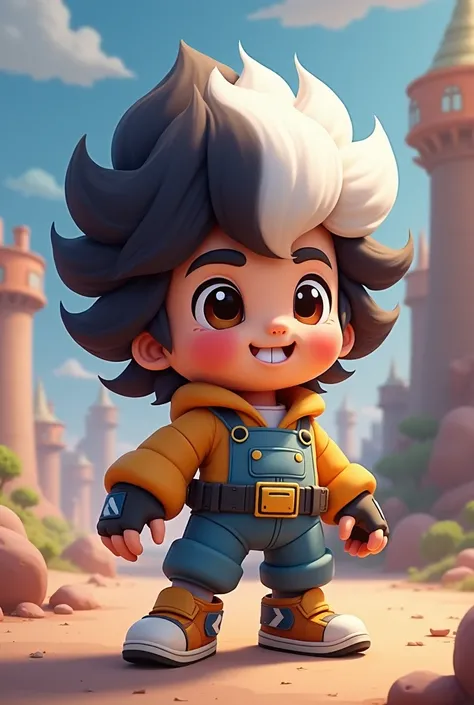 A BOY MAN child child with curly hair (black, and white at the tips) with a sneaker with a mouth and eyes he has a turret, Brawl Stars Style.