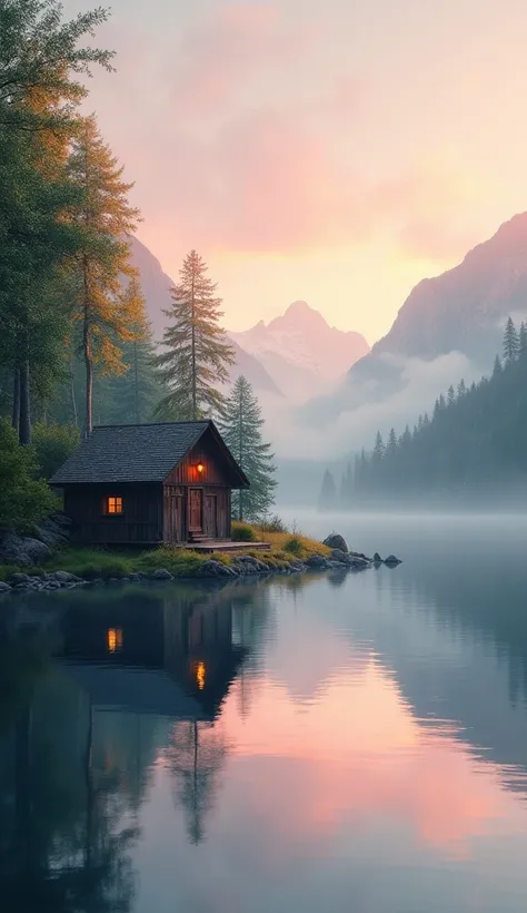 Create a serene and relaxing image of a natural landscape at dawn. The scene should include a calm lake reflecting the first rays of sunlight., with green trees around and a small wooden cabin by the water. Add some soft mountains in the background, covere...