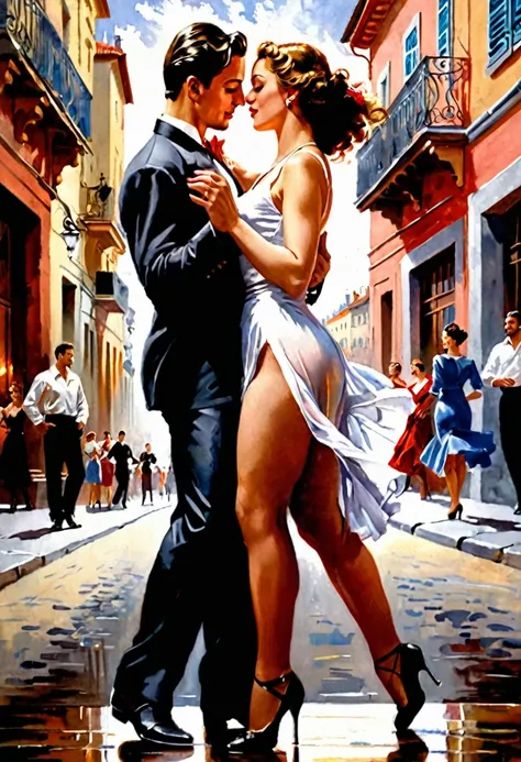 An ultra-realistic painting of a couple on a city street, with the man standing in front of the camera, no reaction, your arms relaxed at your sides, without raising your hands. He is static, while the woman, Next to you, adopts a sensual and insinuating p...