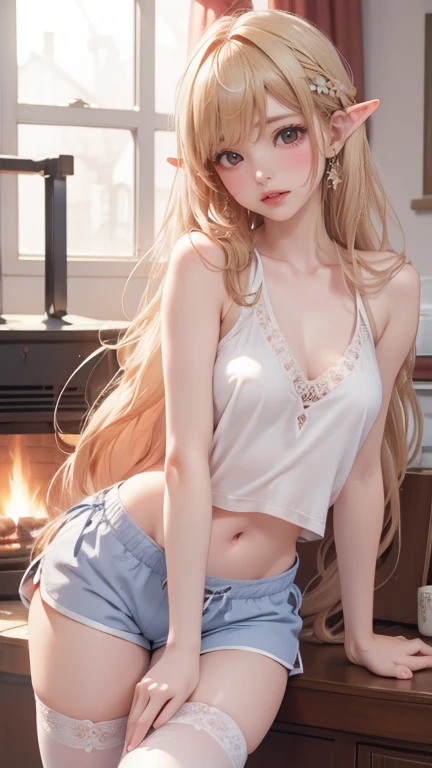 （8K，RAW photos， Best quality，Realistic images, detailed picture, two elves. Silky long hair, Blonde Hair, blue eyes, Long eyelashes. Sleeveless sweater, Pajamas V-neck sweater.  Pajama fabric mini shorts. Stockings to mid-thigh. Medium breasts, Slim waist,...