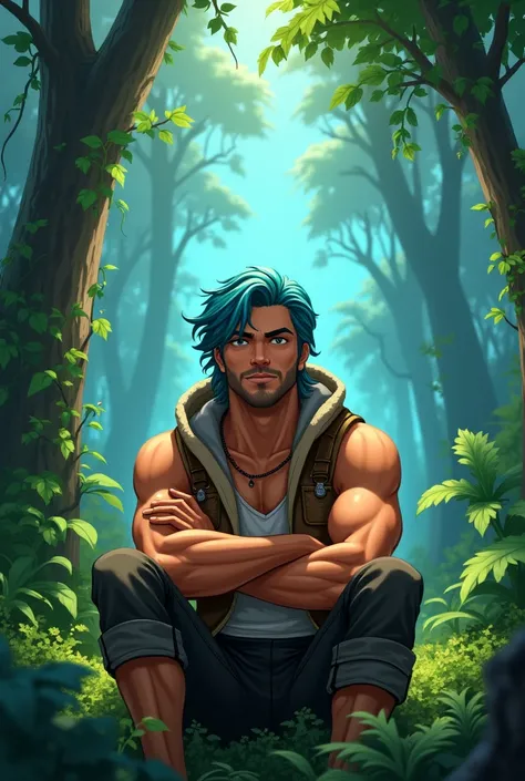 A tanned man. with a hooded vest. Ocean colored hair. Il est assis de face, arms crossed. Style animé dans la jungle 