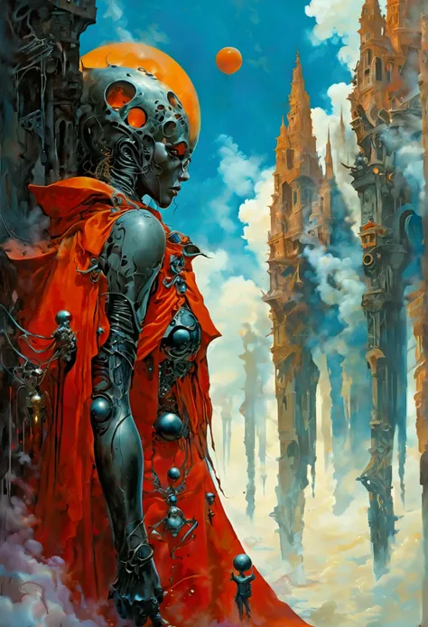 "A striking and surreal illustration inspired by the style of john howe, capturing a provocative fantasy that intertwines themes of allure and horror. The scene features a futuristic landscape filled with metallic elements and grotesque yet captivating cha...