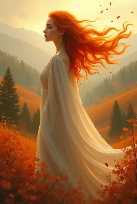 A girl who represents autumn with orange hair 

