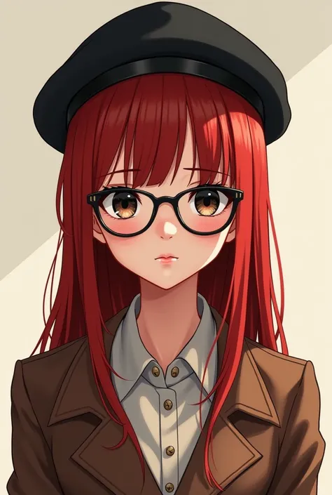 Girl with long, straight red hair and black roots. 
Shes got a round face, big and black almond eyes with glasses. Shes wearing berret vintage style. 
Shes got medium skin color. Shes asian.
Anime style. 