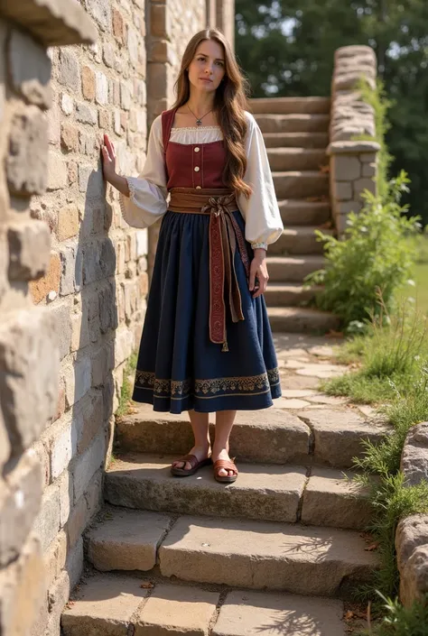 a beautiful peasant girl on a staircase of a medieval castle