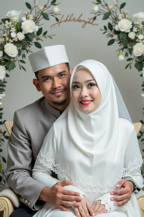 Indonesian wedding photo. The bride and groom with white wedding decorations. The man wears a jacket and skull cap. The bride wears a hijab and a white dress. Behind her is a wedding chair. And decorations that say "Bayu & ifah"

45

B