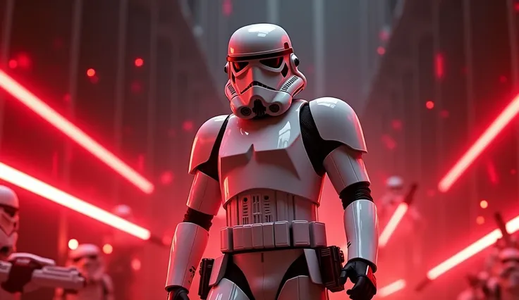 Stormtrooper half-body shot with red laserblasts flying by, 1440p, desktop wallpaper 