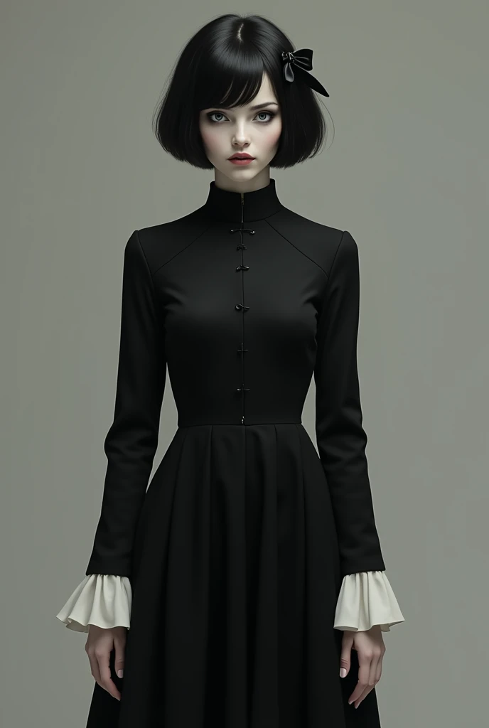 A creepy looking 1 woman wearing a long black dress that reached her knees, very simple in design, with white sleeve tips and collar, Short black haircut that reaches to the neck with a black bow in the hair, very pale skin and the image is full body 