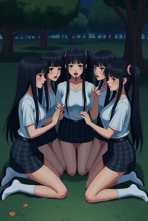 6 woman with black hair, bangs and pigtails on each side, white shirt cleavage big tits, Scottish mini skirt and white boots,. in the park at night. Focusing view from above, kneeling on the floor with penis in mouth 