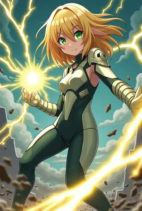 Anime blonde girl with green eyes wearing combat suit and lightning bolts
