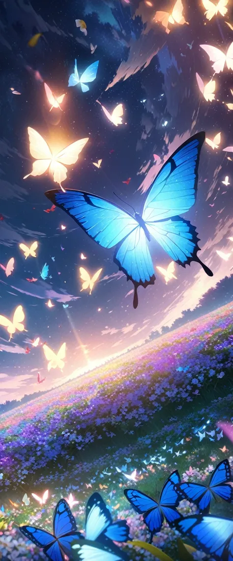 Butterflies fly in the sky over a field of flowers, Butterflies flutter in the air, Glowing blue butterfly, Blue Moon Ray Tracing, Anime Background, Anime beautiful peaceful scene, Beautiful wallpapers, Glowing Butterfly, Anime Wallpaper 4K, Anime Wallpape...