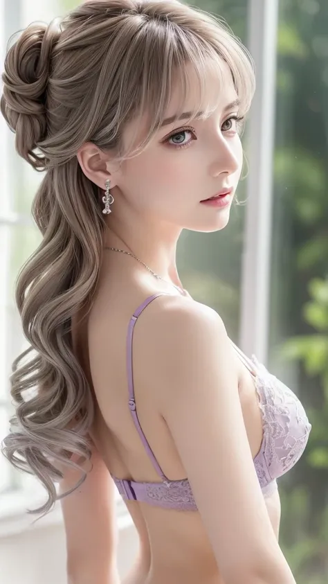 purple lace thong bra, (((Very elegant and beautiful, Perfect detail, Very detailed))), whole body, The most detailed girl, Written boundary depth, 美しく詳細なwhole body, Thin legs, 30 years old, Very short hair, Spiked Hair, Gray and silver hair, Beautiful det...