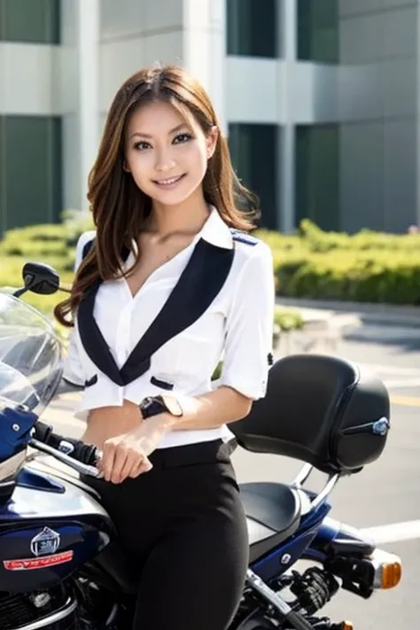 Beautiful female police officer on a motorbike