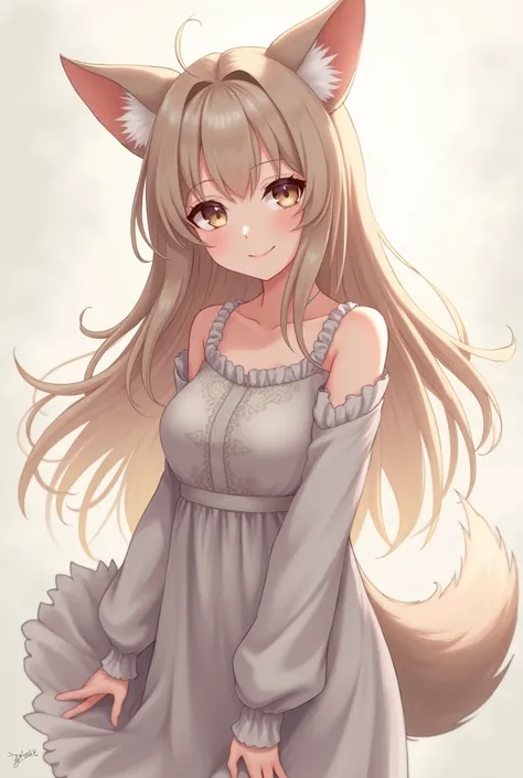 Anime style girl with long hair and wolf ears and tail looking forward with a loving smile and arms down 