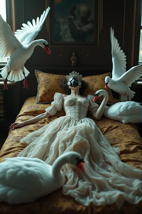 Woman in baroque clothing and gas mask, blood, acostada en una cama cisnes blancos con picos con blood con las alas agitadas hacia ella
