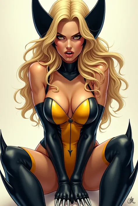 A sexy blonde woman sitting in a wolverine costume cartoon angry 