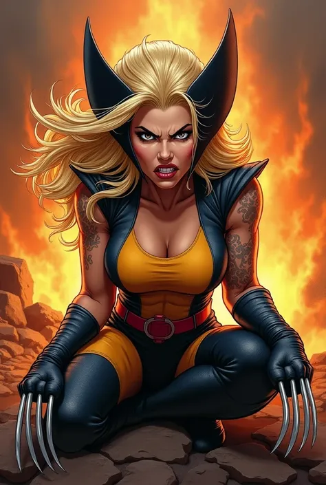 A blonde woman sitting in a wolverine costume cartoon angry with fire behind her