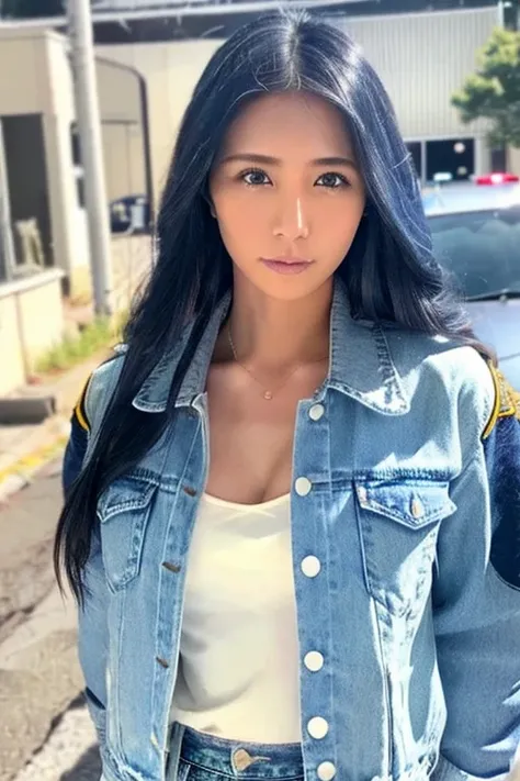 Female criminal、Natlp portrait of beautiful female model., Georgia Fowler, Beautiful Face, Long blue hair, On the morning road. White tank top、She is wearing a light blue jacket, Jeans Negros, Dramatic lighting, (Police Badge:1.2)