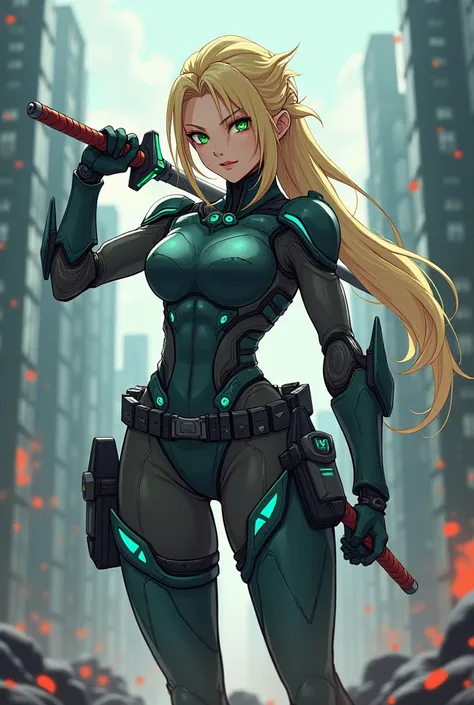 Anime blonde woman with green eyes and combat suit with a sword 

