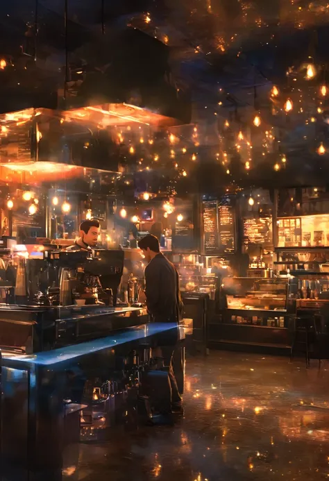 masterpiece, concept art, break, 1 handsome man, coffee shop,  atmospheric perspective, anime style, chromatic aberration, cinem...