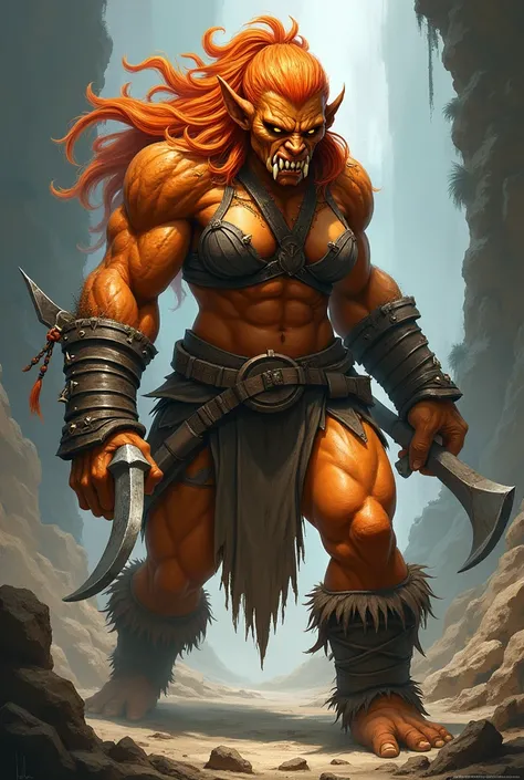 A  woman orc or goblin with orange skin and orange fur, she has a heavy brow and nose ridge, sharp teeth and tusks