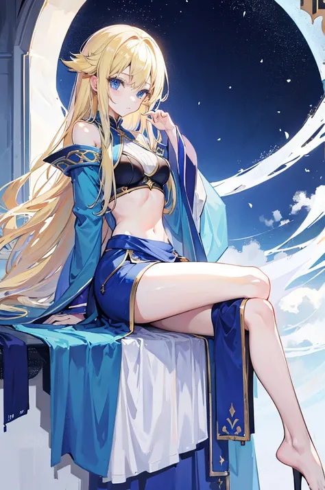 long blonde hair、blue eyes、mage robes, slim legs, midriff