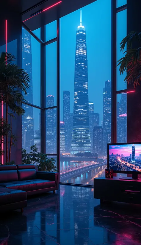 A fantastic urban landscape using blue, black, purple and wine red、Neon color、skyscraper、Monitors are placed vertically、Stylish room、Black and blue dim room、Neon color、High resolution, Highest quality, masterpiece, Widescreen, detail, High detail, High-res...