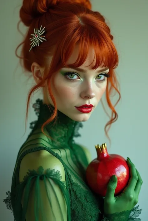 Redhead woman with bangs and a bun adorned with a ruby hairpin in her hair and green skin holding a pomegranate fruit