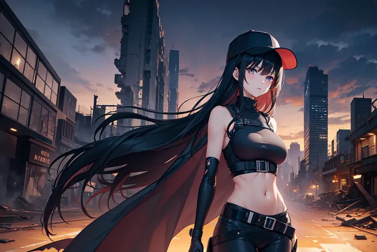 saori joumae, wide hips, torn clothes, massive hips, apocalypse, destroyed city, ruins, dark sky, from front, belt, black headwe...