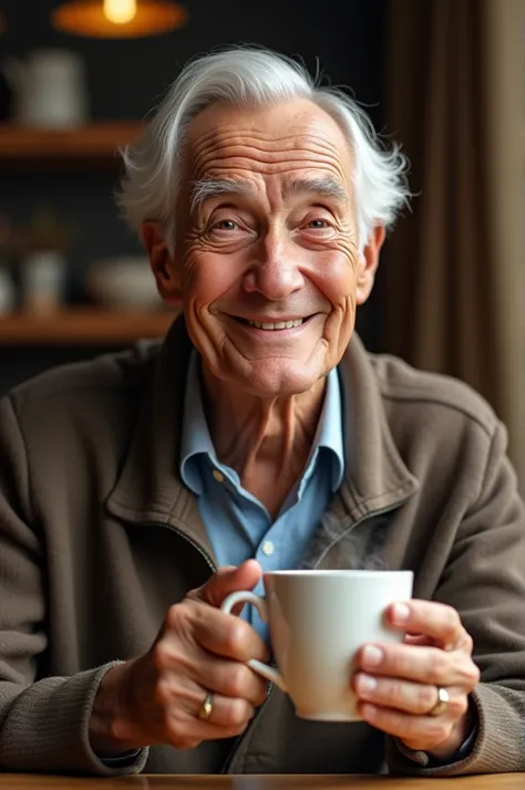 White old man smiling and drinking coffee